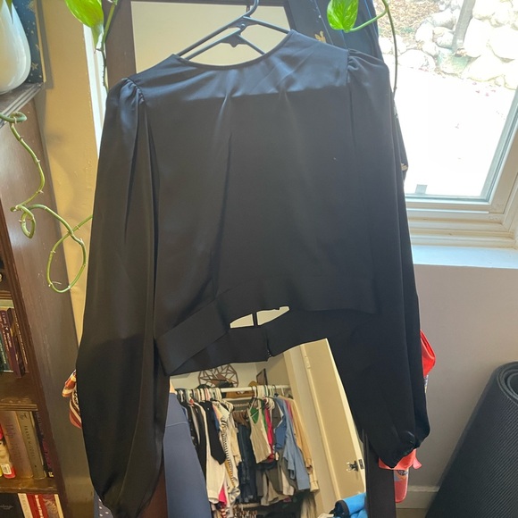 Black Satin Open Back Blouse - Picture 2 of 3